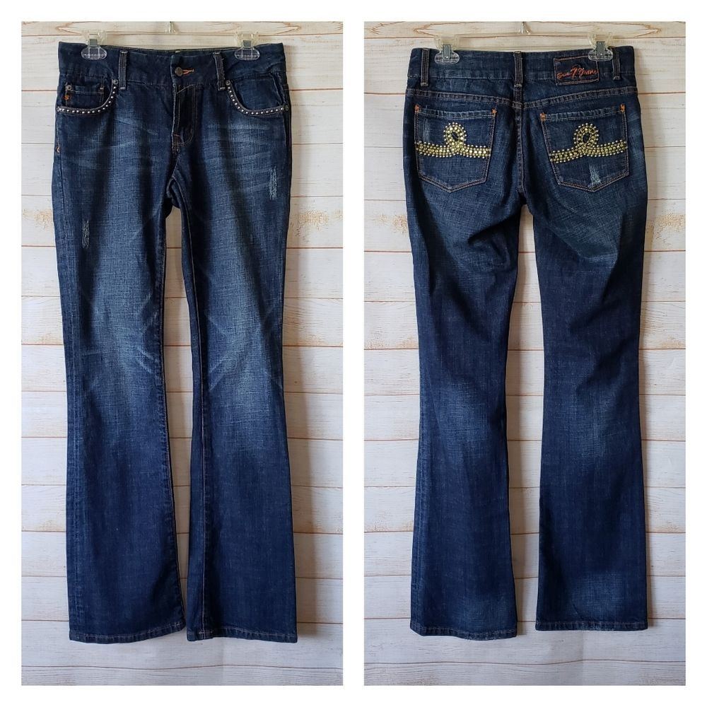7 For All Mankind Embellished Rhinestone Distressed Regular Bootcut Denim Jeans
